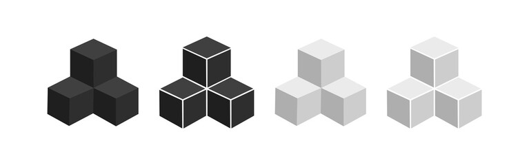 3d 3 cube icon set. Three white and black shape symbol. Sign box vector.