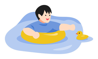 little boy swims using a yellow donut float, little boy wants to grab a rubber duck. the concept of swimming, sports, playing, small children, water, etc. flat vector illustration
