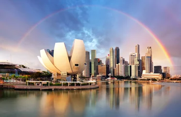 Tuinposter Singapore city with rainbow in Marina during dramatic sunset © TTstudio