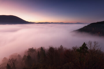 Sea fog in the pink light is very beautiful and fabulous, picturesque vague wave rolled on the slopes of the peaks