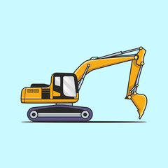 yellow excavator vector illustration on a blue background. engineering construction industrial transportation cartoon icon