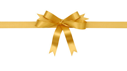 Gold gift ribbon and bow straight horizontal with tails isolated transparent background photo PNG...