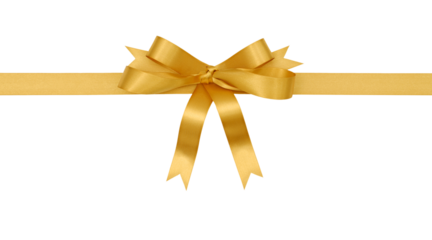 Gold gift ribbon and bow straight horizontal with tails isolated transparent background photo PNG file