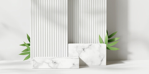 Marble product display podium with bamboo nature leaves on white background. 3D rendering	
