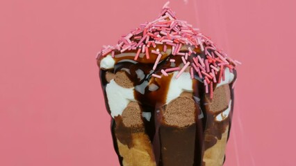 Chocolate sauce icing flows over ice cream in a waffle cup on pink background - Powered by Adobe