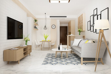 3d rendering modern dining room and living room with luxury decor
