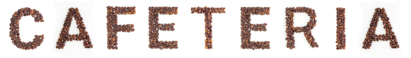 CAFETERIA headline from roasted coffee beans on white background