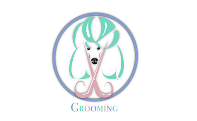transparent illustration of a pastel coloured dog head with scissors  logo for a grooming salon 