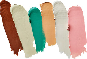 Samples of color correcting concealers Set isolated. Swatch smears of cream makeup base