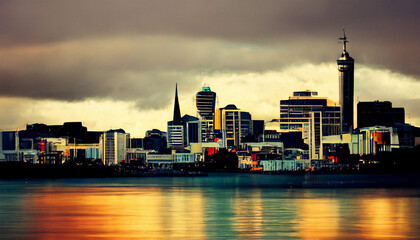 Auckland cityscape ocean water evening sky view painting