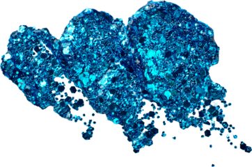 Blue glitter makeup product smear on white. Eye shadow, lip gloss and face for holiday makeup swatch