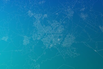 Map of the streets of Gaborone (Botswana) made with white lines on greenish blue gradient background. 3d render, illustration