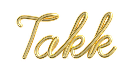 Takk word made from realistic gold with star background. Thank you in Norwegian. 3d illustration.