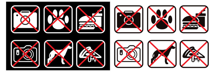 Set of signs prohibiting public use of alcohol, weapons and other means vector illustration isolated on white background. Black icons of forbidden subjects in red frame.