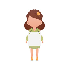 A little girl with a blank white banner and space for your text. Cartoon style.  .