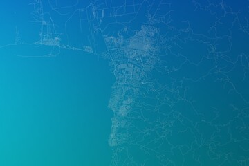 Map of the streets of Bujumbura (Burundi) made with white lines on greenish blue gradient background. 3d render, illustration
