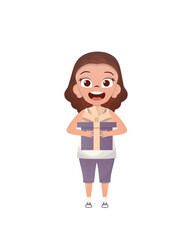 Cute little girl holding a gift box.   Flat style.