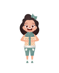 Cute little girl holding a gift box.   Cartoon style.
