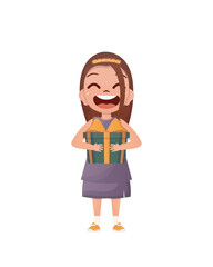 Cute little girl holding a gift box.   Flat style.