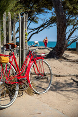 Fototapeta na wymiar Vieux vélo rouge en bord de mer dans les dunes en Bretagne.