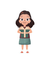 Cute little girl is holding a gift.   Cartoon style.