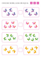 Choose more, less or equal. Arithmetic task with butterflies for kids.