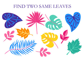 Find two same leaves. Educational game for preschoolers with botanical objects.