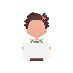 A small child girl holds a blank sheet of paper in her hands.   Flat style.