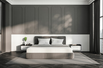 Grey bedroom interior with bed and decoration on nightstand. Empty wall