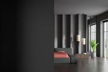Grey bedroom interior with bed and panoramic window. Mockup empty wall