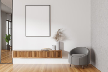 Light living room interior with drawer and decoration. Mockup frame