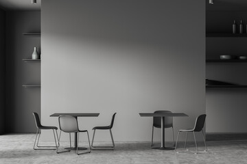 Grey cafe interior with chairs and table, shelf with decor. Mockup empty wall