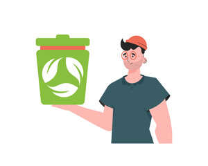 The guy is depicted to the waist and holds an urn in his hands. The concept of ecology and recycling.   Trendy character style. Vetcor.