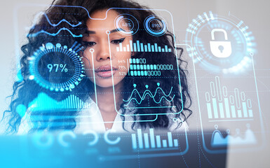 African businesswoman using laptop, digital business data chart with padlock