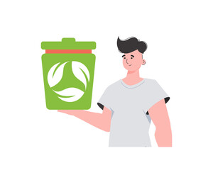 The guy is depicted to the waist and holds a trash can in his hand. The concept of ecology and recycling.     Flat trendy style.