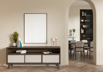 Light living room interior with sideboard and dining area. Mockup frame