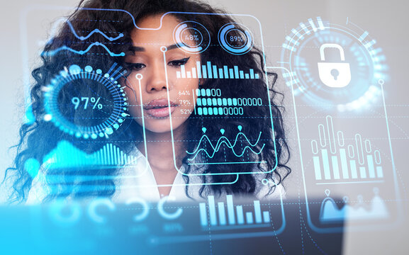 African businesswoman using laptop, digital business data chart with padlock