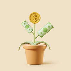 Money tree with banknote and coin on beige background