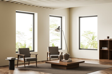 Naklejka premium Corner view on bright living room interior with armchairs, windows