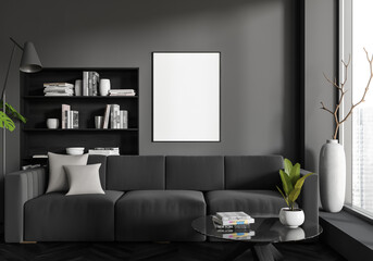 Grey chill room interior with couch and shelf with window. Mockup frame