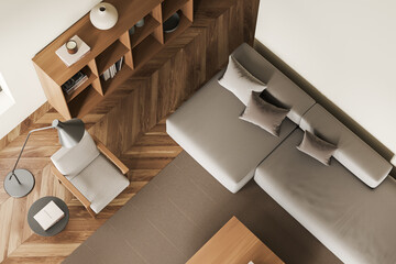 Top view on bright living room interior with armchair, sofa