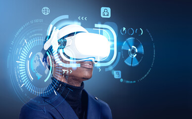 Fototapeta na wymiar African businessman in vr headset, futuristic technology hud hologram