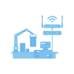 Automatic conveyor line with robotic arm. The concept of the Internet of things and automation.