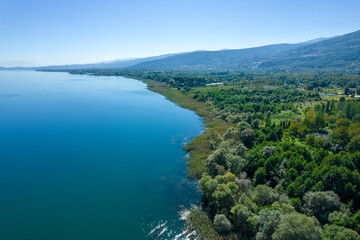SAPANCA LAKE in SAPANCA, SAKARYA, TURKEY. Beautiful lake landscape. Aerial view with drone.