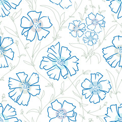 Blue stylized wildflowers. Seamless vector floral pattern. Beautiful illustration for fabric, wallpaper, wrapping paper. Elegant vintage nature ornament. Field or meadow flowers with leaves,buds,stems - 529773130