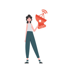 IOT and automation concept. A woman holds a satellite dish in her hands.     in trendy flat style.