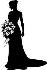 A woman bride in a bridal wedding dress in a silhouette