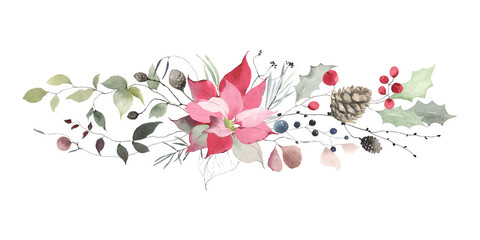 Christmas horizontal decoration with winter flower Poinsettia, abstract branches, pine cone, leaves holly and colored berries. Watercolor floral holiday illustration for invitation or greeting cards.