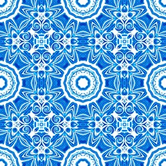 Blue white watercolor azulejos tile background. Seamless coastal geometric floral mosaic effect. Ornamental arabesque all over summer fashion damask repeat