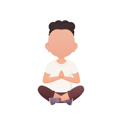 A cute preschool boy meditates In the lotus position.   Cartoon style.